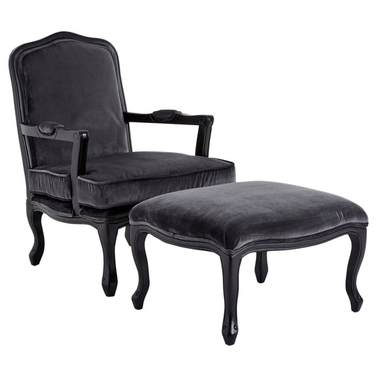 Rococo Grey Velvet Chair And Footstool