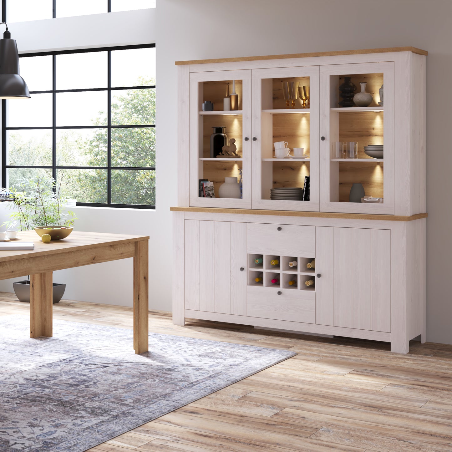 Celesto 2 Door 2 Drawer Sideboard with 3 Door Display top Unit inc. 6xÂ Lights in White and Oak