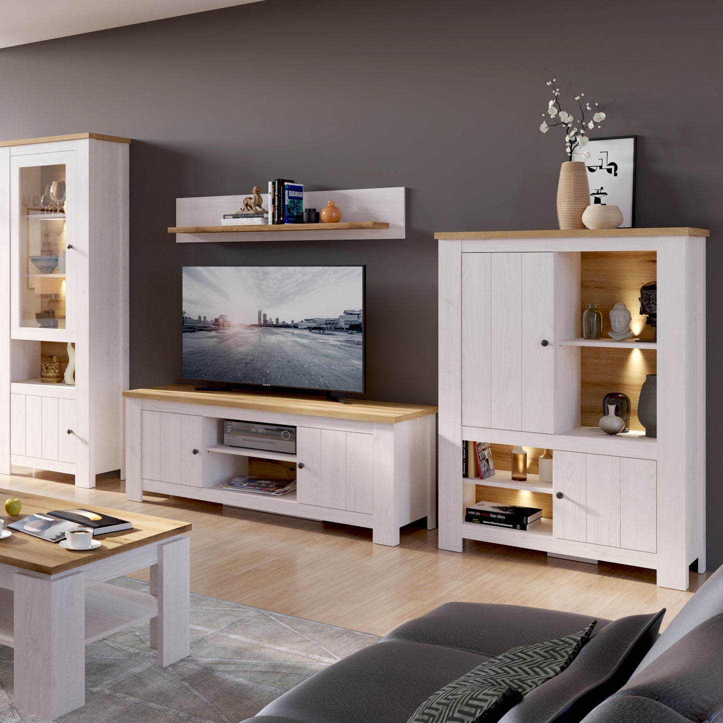 Celesto 2 Door 4 Shelves Cabinet in White and Oak