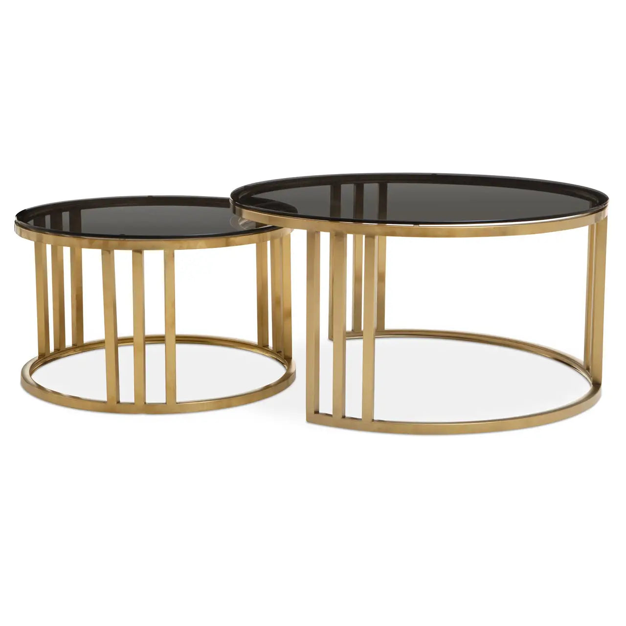 Alana Round Set of 2 Round Nesting Coffee Tables in Gold Base and Glass Top