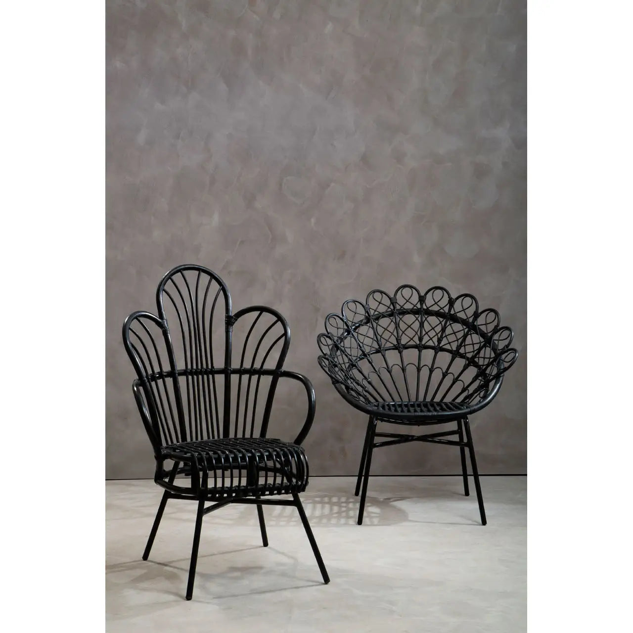 Java Black Natural Rattan And Black Metal Scalloped Back Chair