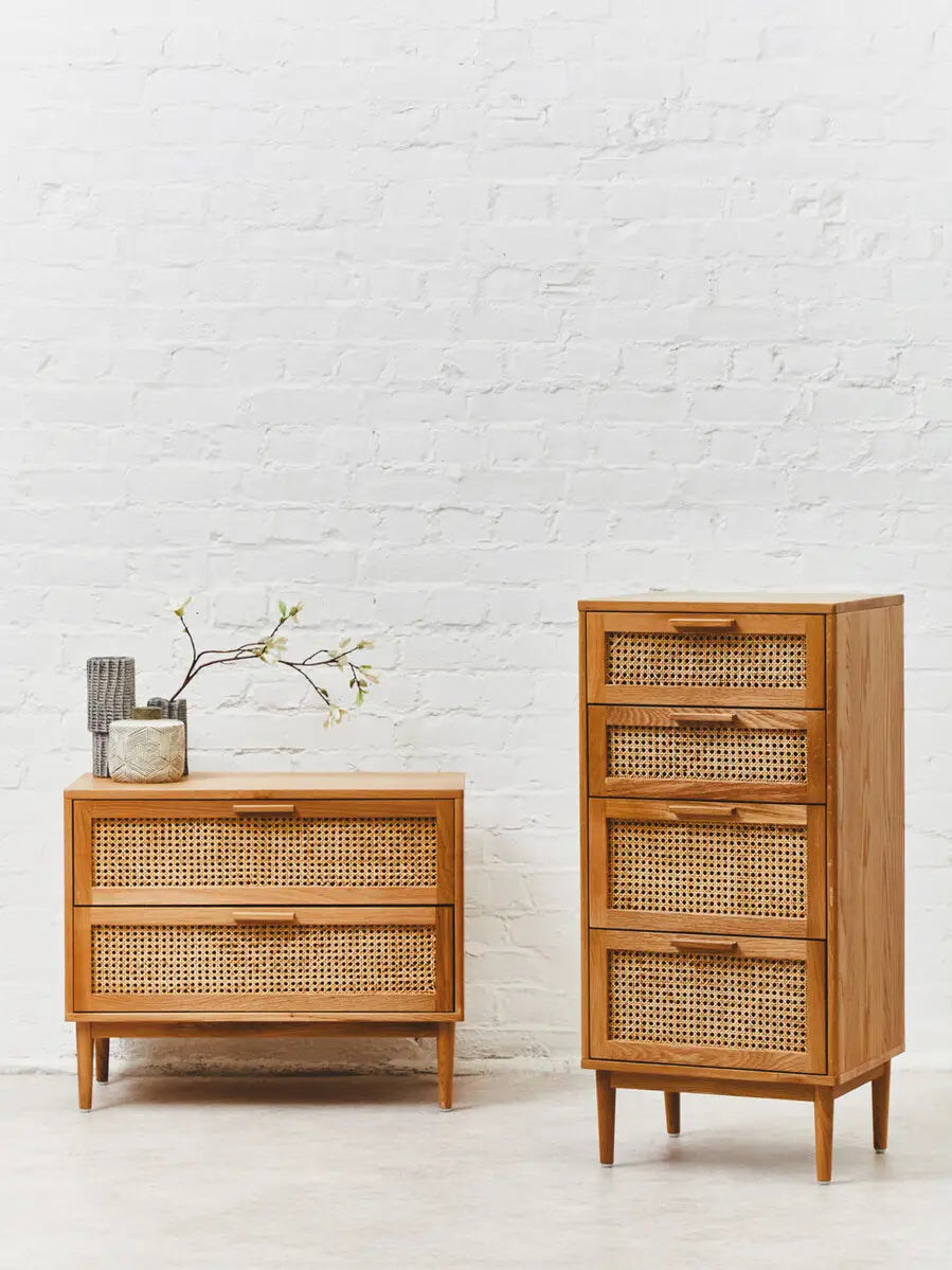 Lyon Rattan and Oak Three Drawer Wood Chest