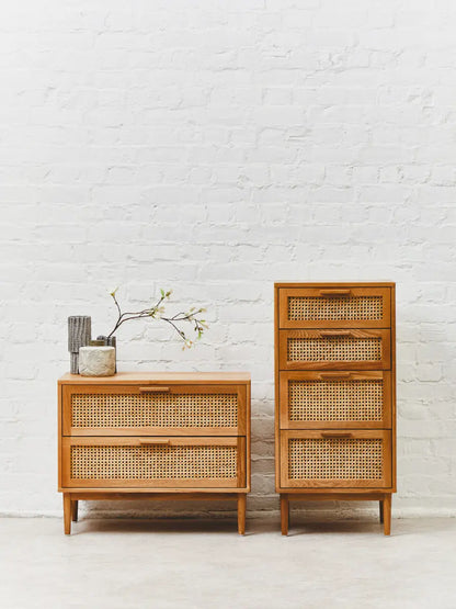 Lyon Rattan and Oak Three Drawer Wood Chest