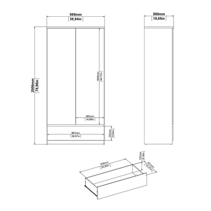 Naia Wardrobe with 2 Doors 1 Drawer in White High Gloss