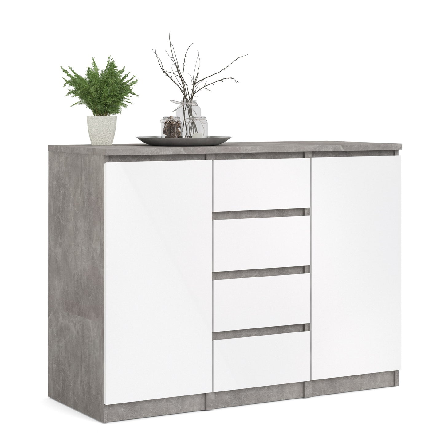 Naia Sideboard 4 Drawers 2 Doors in Concrete and White High Gloss