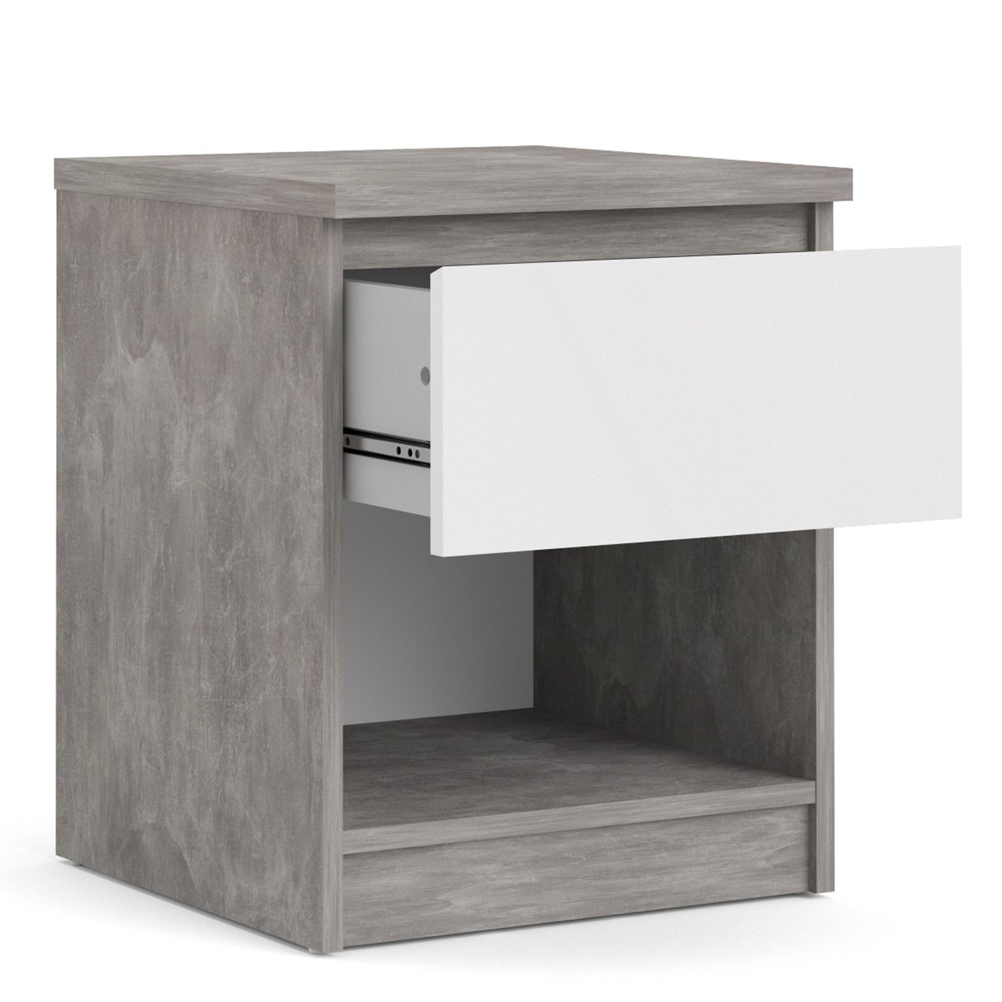 Naia Bedside 1 Drawer 1 Shelf in Concrete and White High Gloss