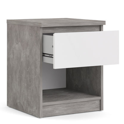 Naia Bedside 1 Drawer 1 Shelf in Concrete and White High Gloss