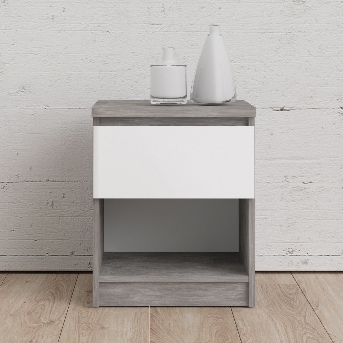 Naia Bedside 1 Drawer 1 Shelf in Concrete and White High Gloss