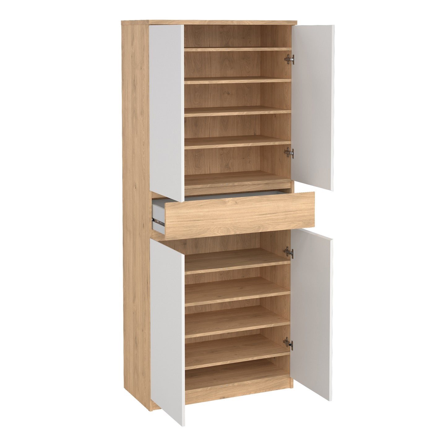 Naia Shoe Cabinet with 4 Doors 1 Drawer in Jackson Hickory Oak and White