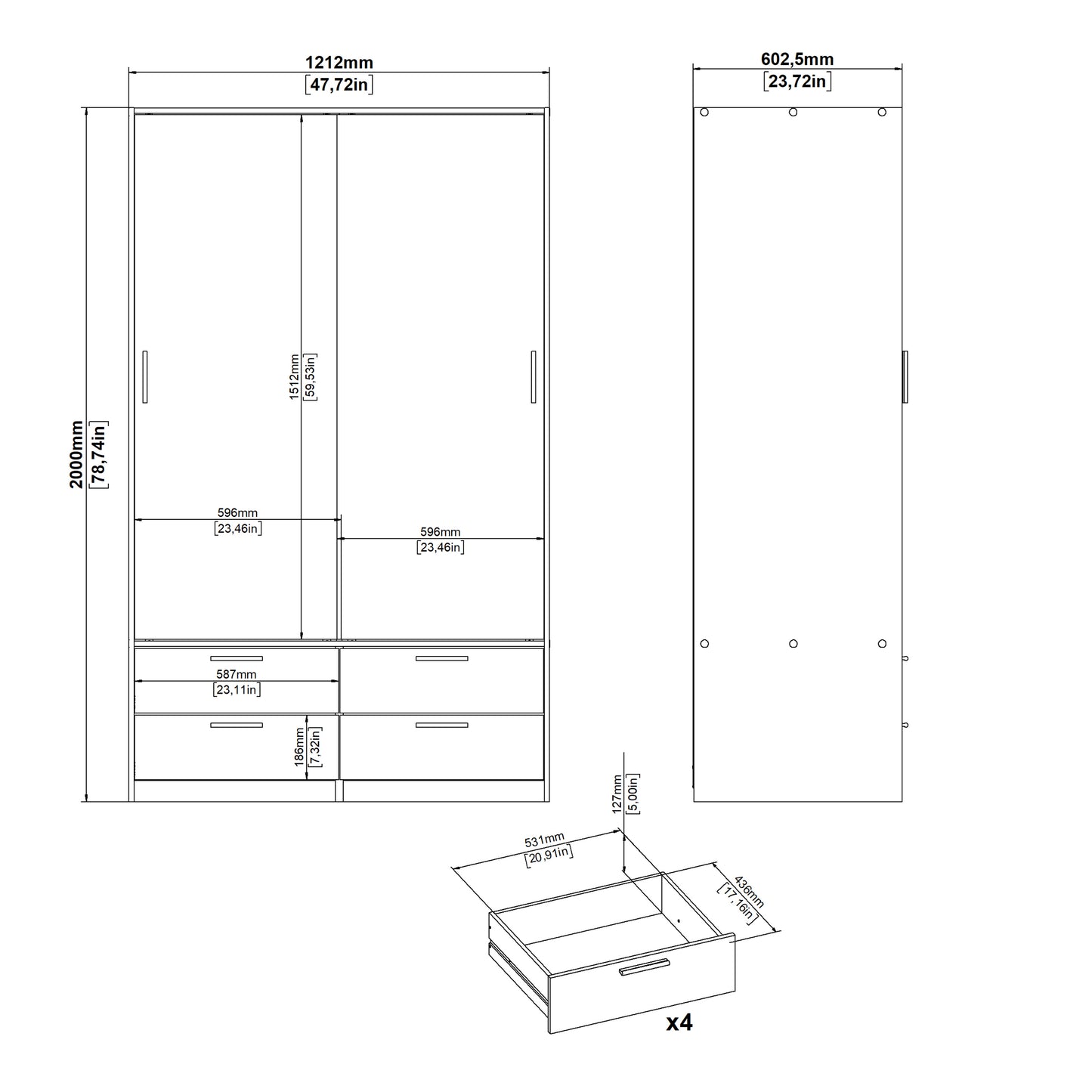 Line Wardrobe with 2 Sliding Doors and 4 Drawers, White