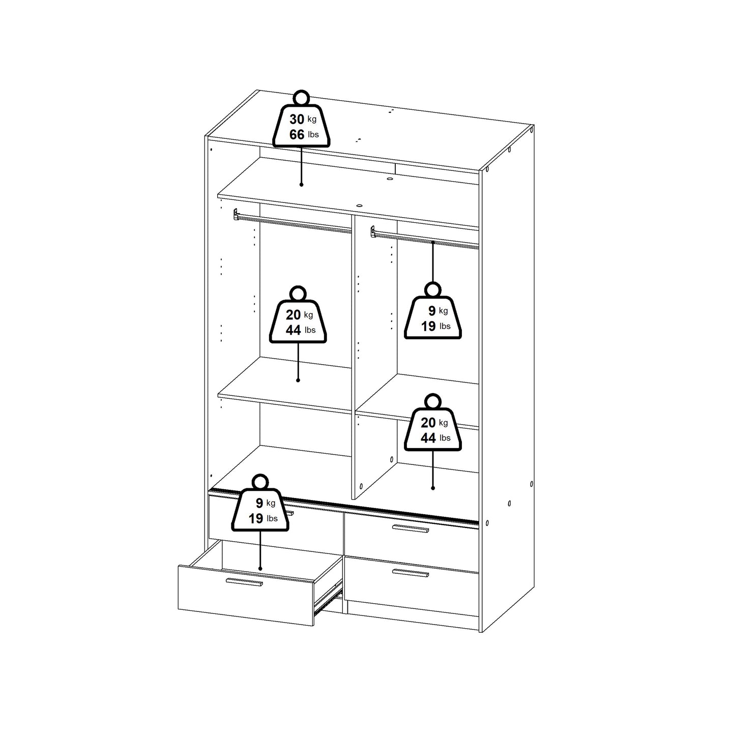 Line Wardrobe with 2 Sliding Doors and 4 Drawers, White