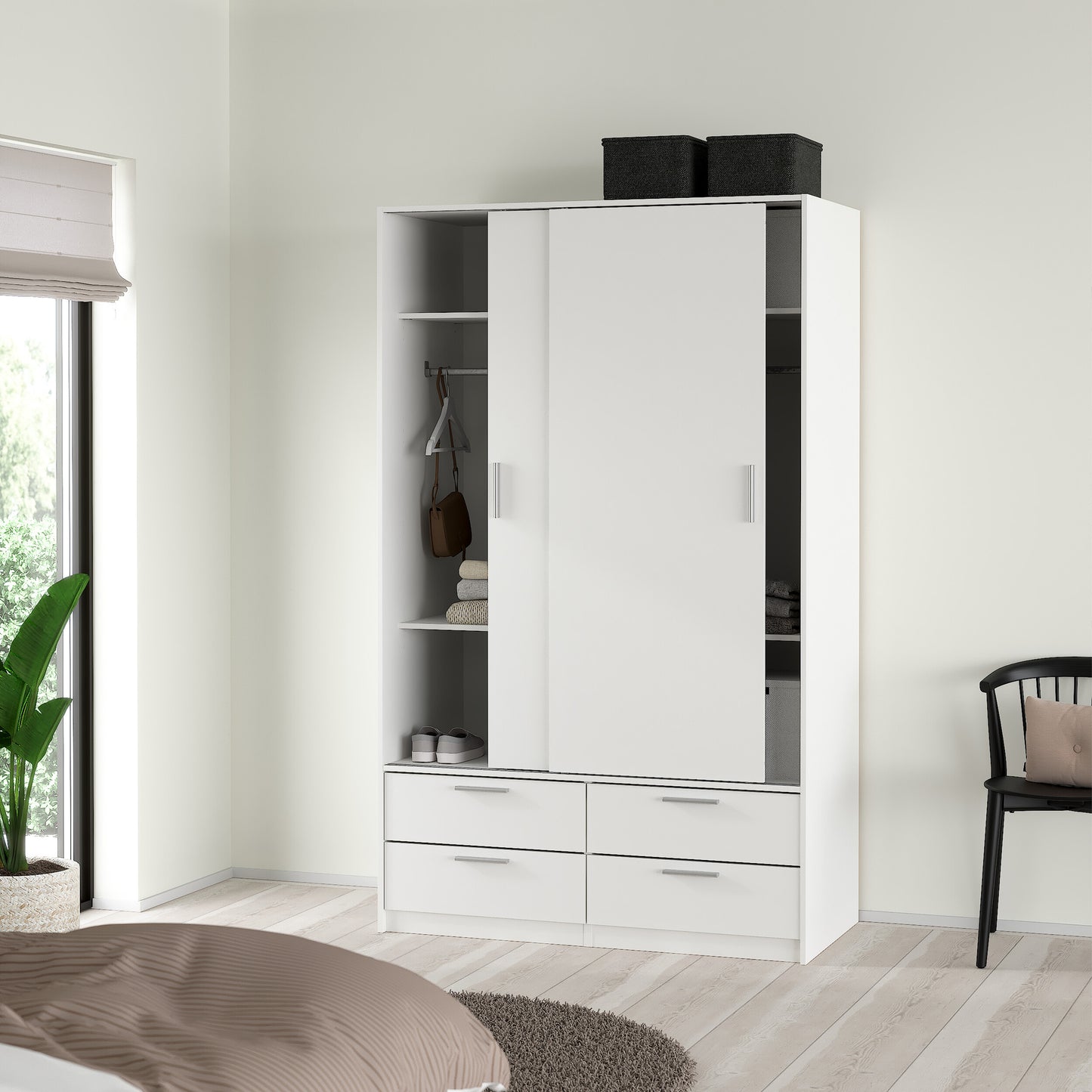 Line Wardrobe with 2 Sliding Doors and 4 Drawers, White