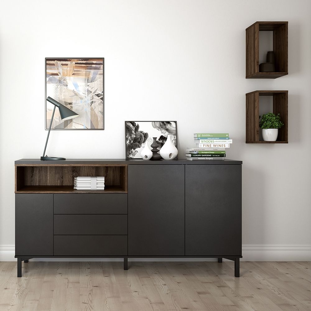 Roomers Sideboard 3 Drawers 3 Doors in Black and Walnut