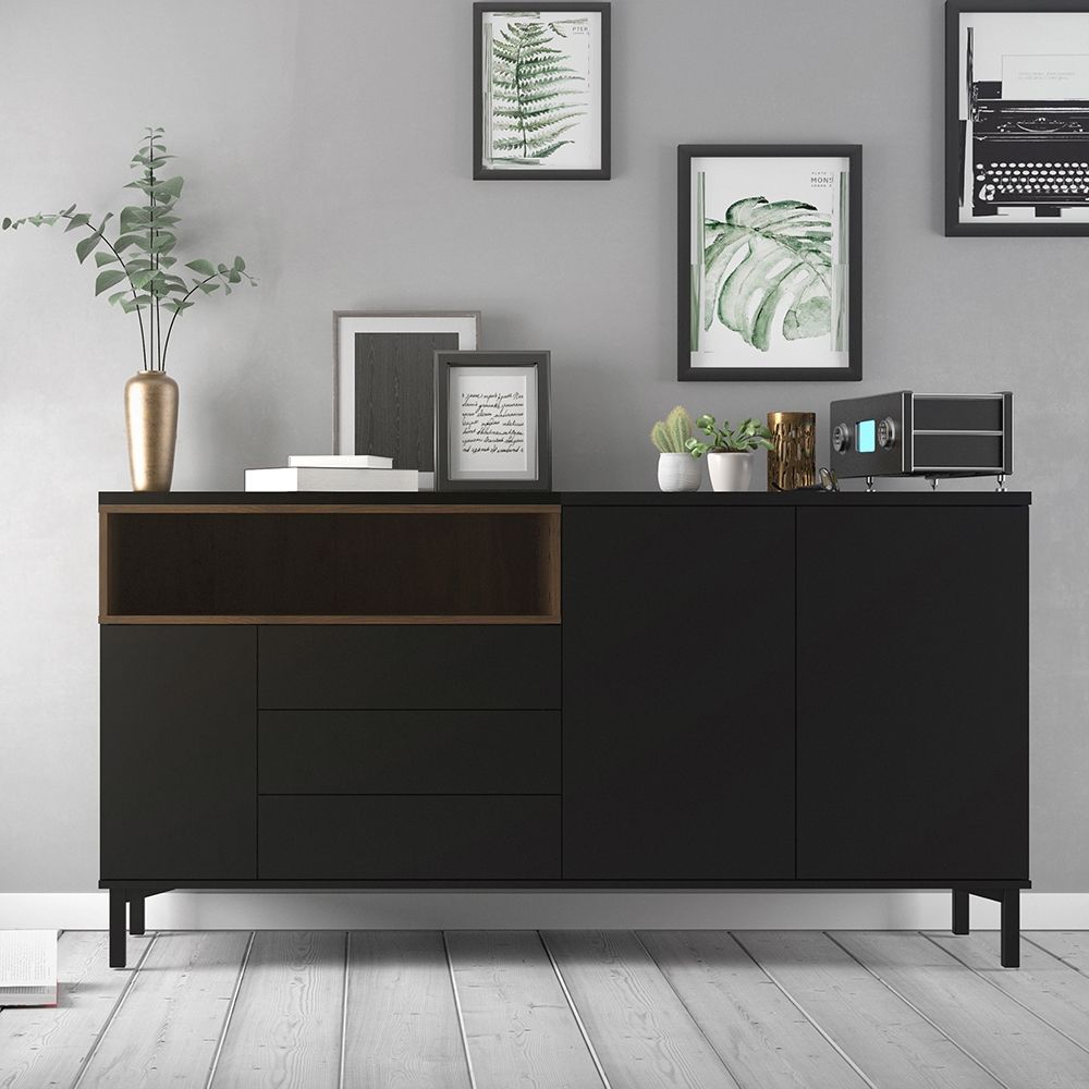 Roomers Sideboard 3 Drawers 3 Doors in Black and Walnut