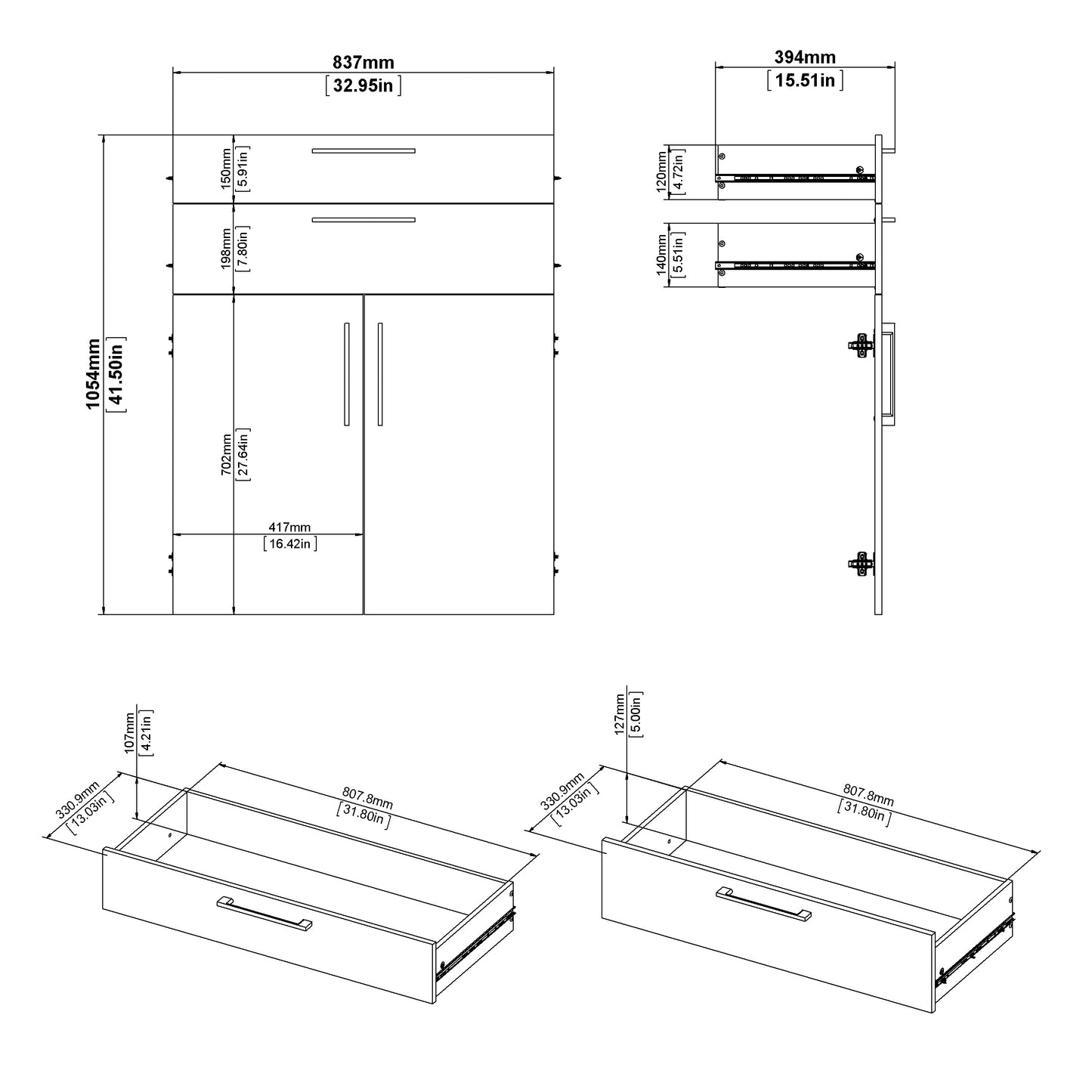 Prima Bookcase 2 Shelves with 2 Drawers and 2 Doors in Black Woodgrain