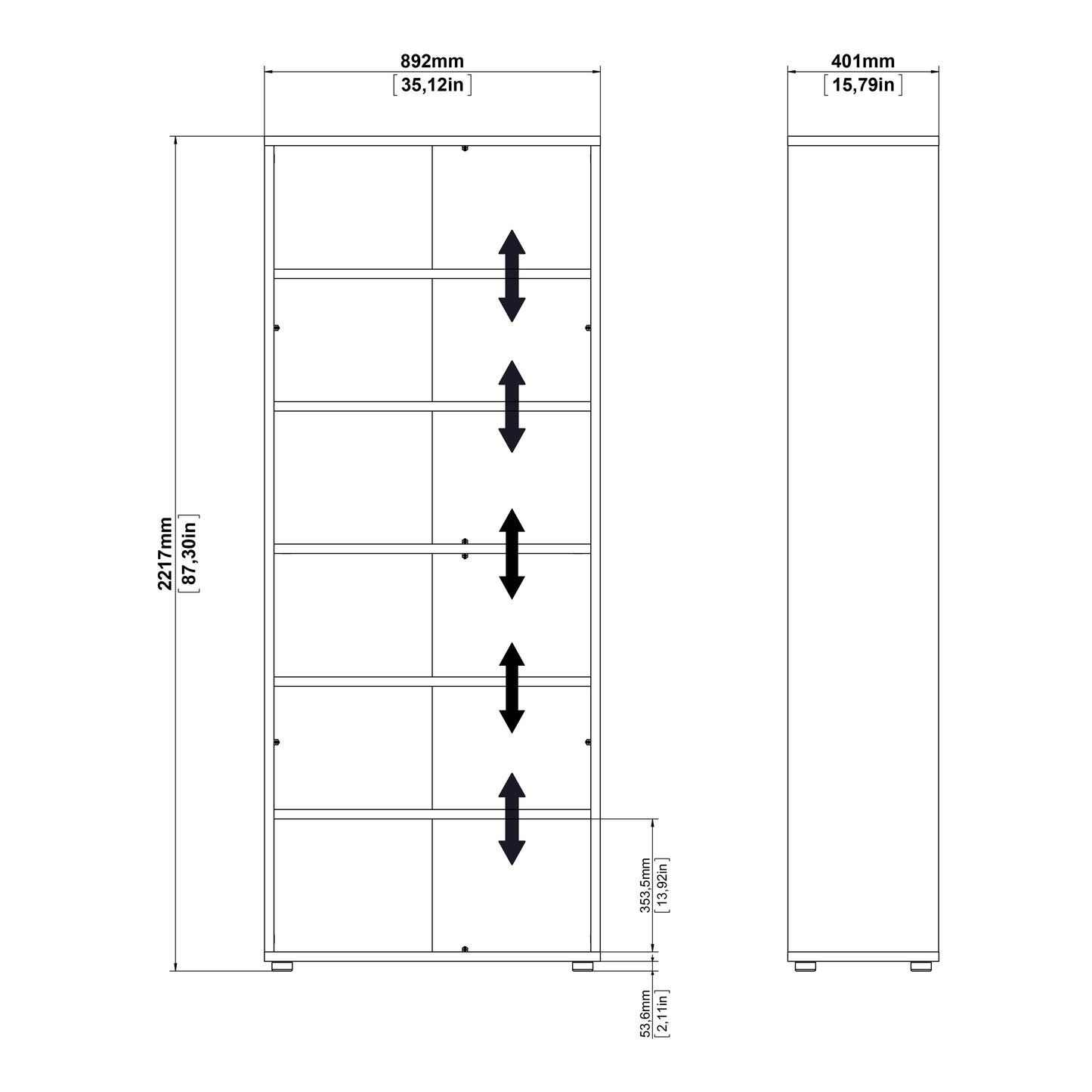 Prima Bookcase 3 Shelves with 2 Drawers 2 Doors In White