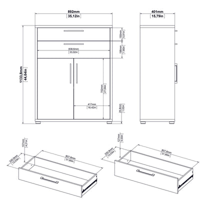 Prima Bookcase 3 Shelves with 2 Drawers 2 Doors In White