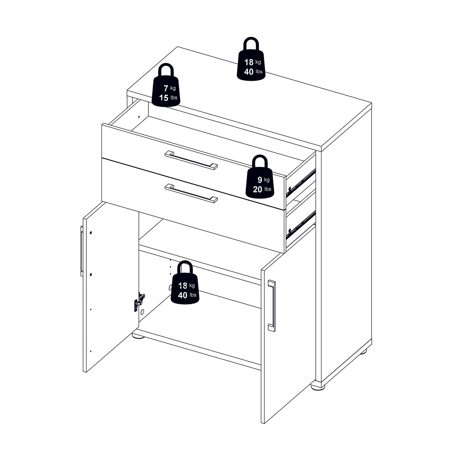 Prima Bookcase 3 Shelves with 2 Drawers 2 Doors In White