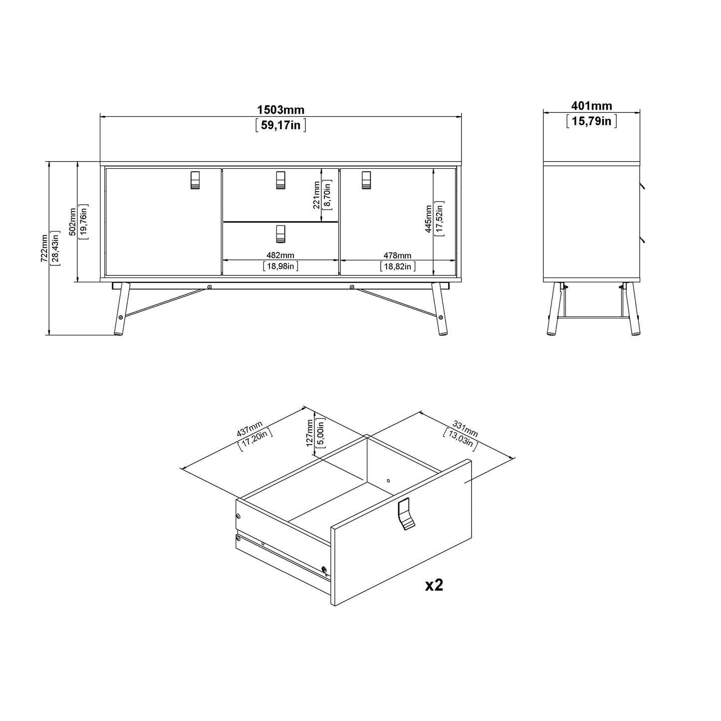 Ry Sideboard 2 Doors 2 Drawers in Matt White