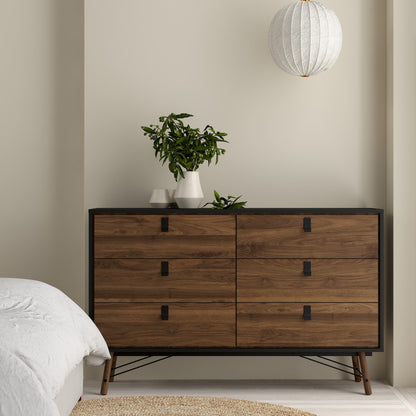 Ry Wide Double Chest of Drawers 6 Drawers in Matt Black Walnut