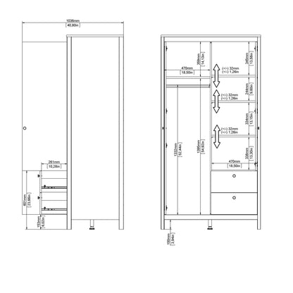 Barcelona Wardrobe with 1 Door 1 Mirror Door 2 Drawers in White