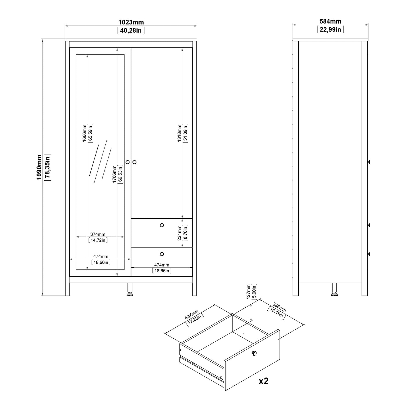 Barcelona Wardrobe with 1 Door 1 Mirror Door 2 Drawers in Matt Black