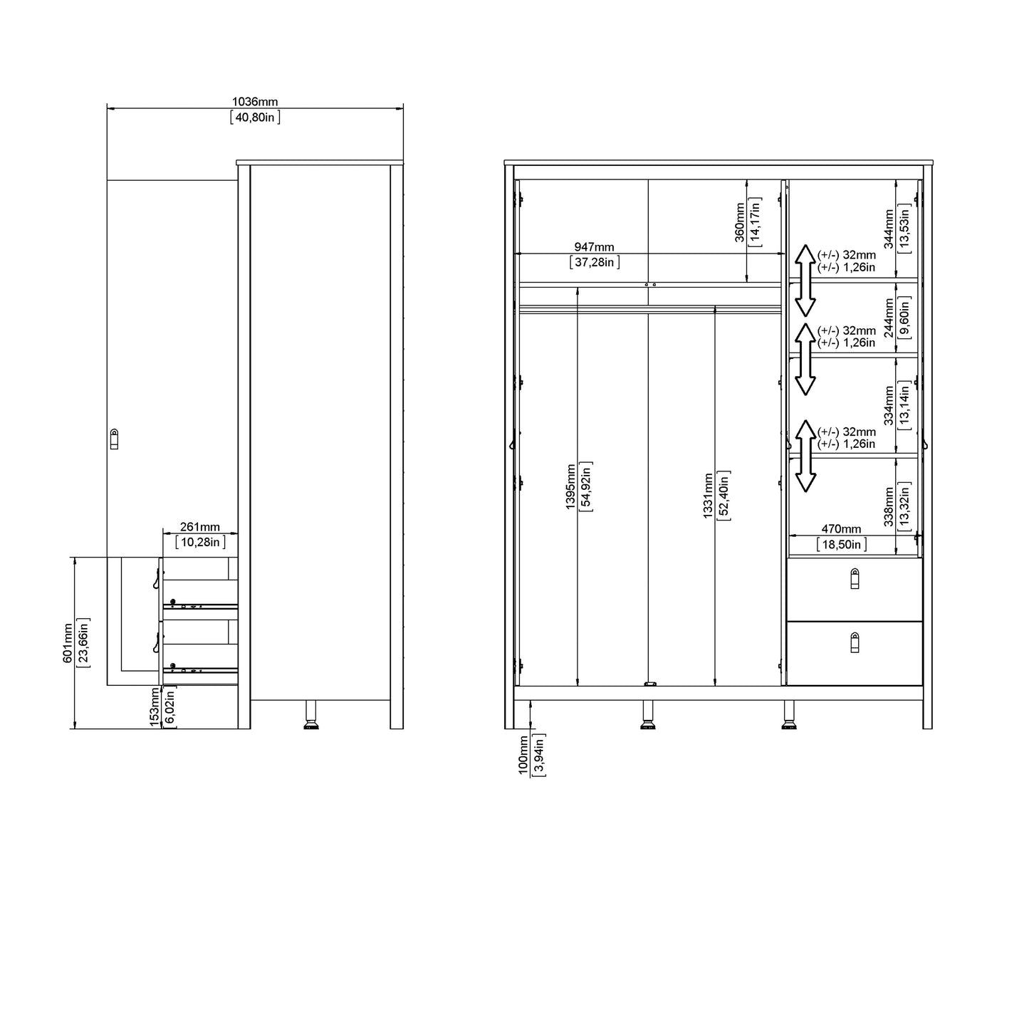 Barcelona Wardrobe with 2 Doors 1 Mirror Door 2 Drawers in Matt Black