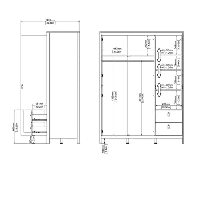 Barcelona Wardrobe with 2 Doors 1 Mirror Door 2 Drawers in Matt Black