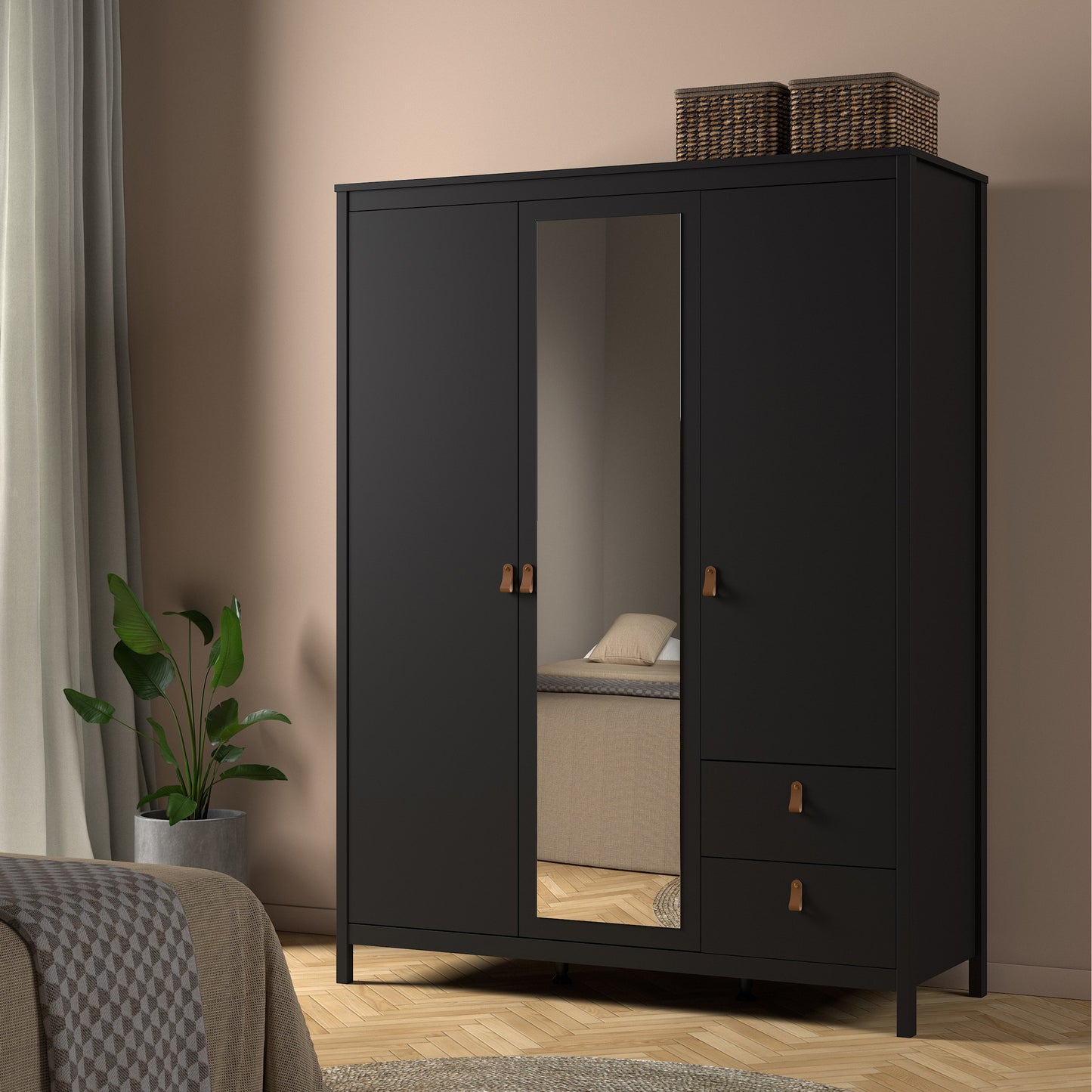 Barcelona Wardrobe with 2 Doors 1 Mirror Door 2 Drawers in Matt Black