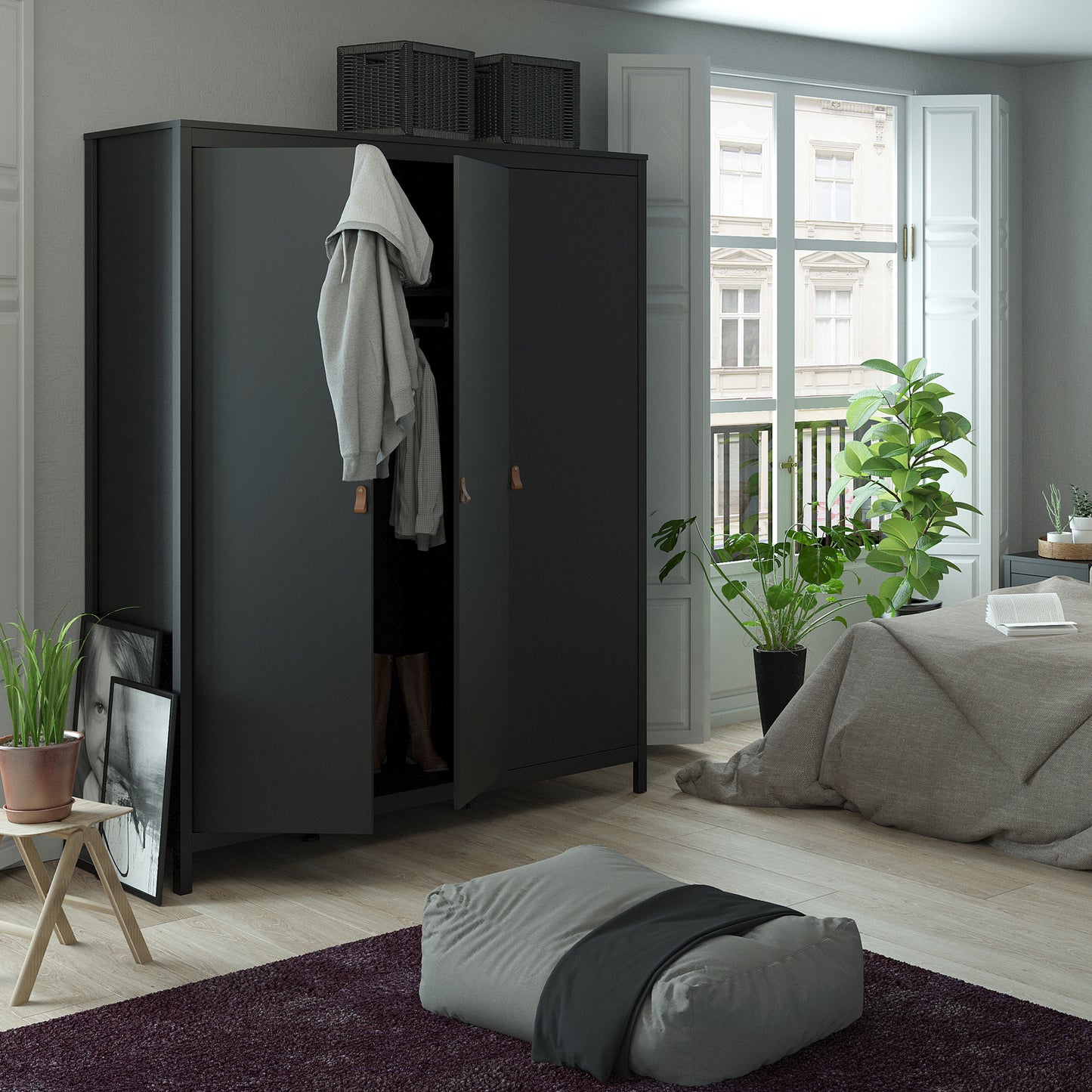 Barcelona Wardrobe with 3 Doors in Matt Black