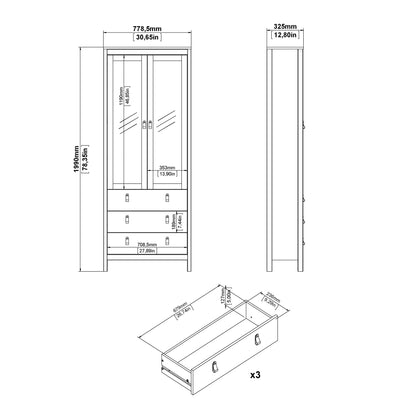 Barcelona China Cabinet 2 Glass Doors with 3 Drawers in White