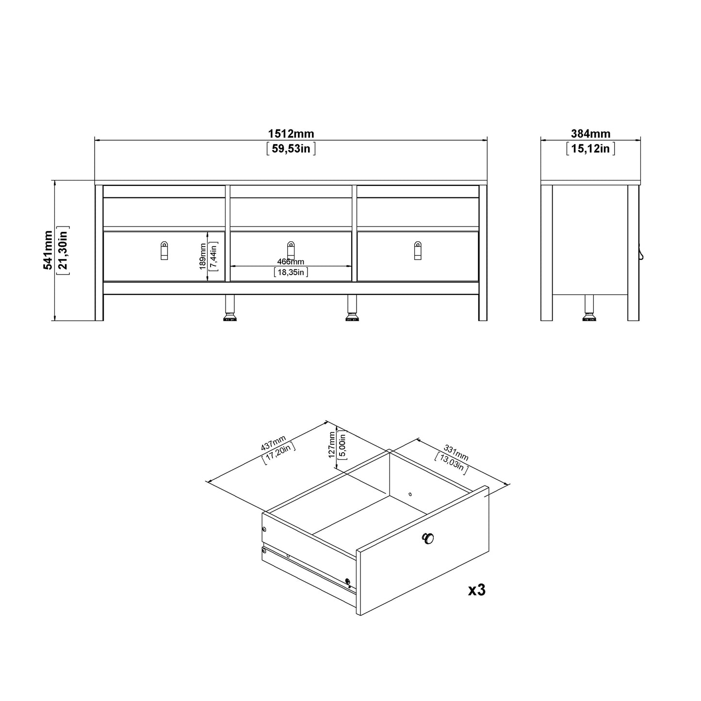 Barcelona TV-Unit 3 Drawers in Jackson Hickory Oak