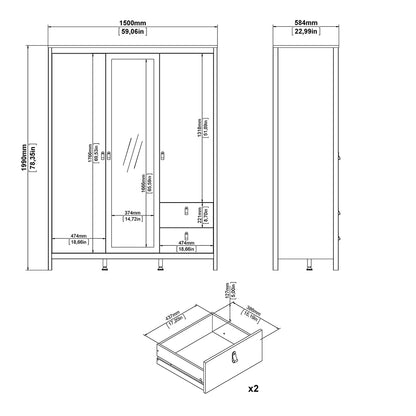 Madrid  Wardrobe with 2 Doors 1 Mirror Door 2 Drawers White