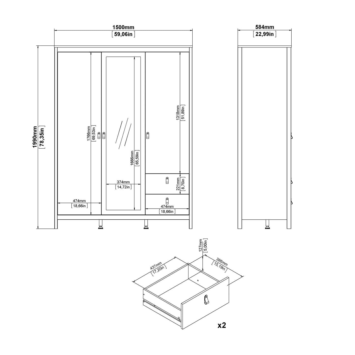 Madrid  Wardrobe with 2 Doors 1 Mirror Door 2 Drawers Matt Black