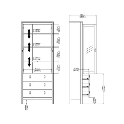 Madrid China Cabinet 2 Glass Doors with 3 Drawers in White