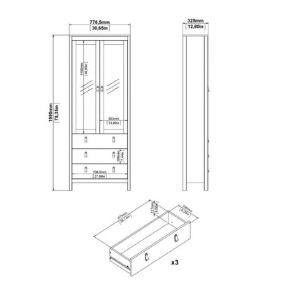 Madrid China Cabinet 2 Glass Doors with 3 Drawers in Matt Black