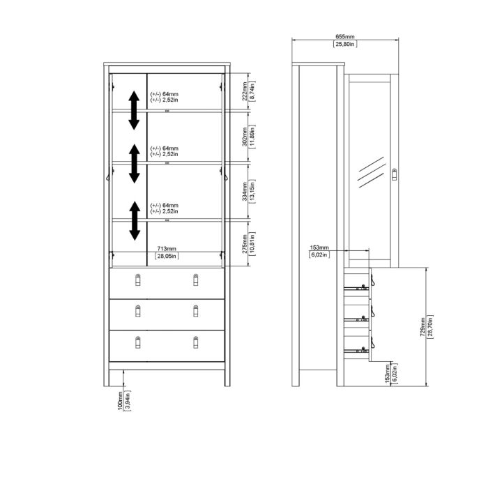 Madrid China Cabinet 2 Glass Doors with 3 Drawers in Matt Black