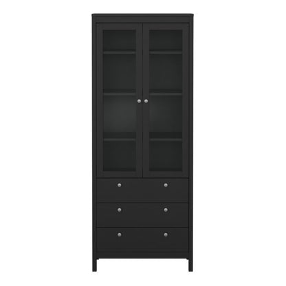 Madrid China Cabinet 2 Glass Doors with 3 Drawers in Matt Black