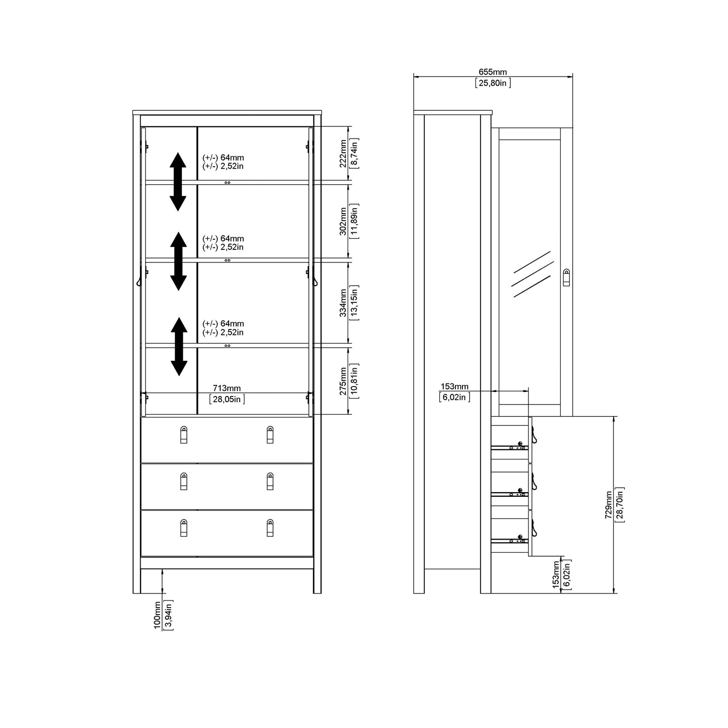 Madrid China Cabinet 2 Doors with Glass + 3 Drawers in Jackson Hickory Oak