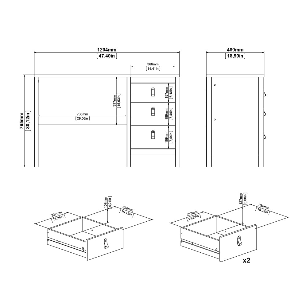 Madrid Desk 3 Drawers Matt Black