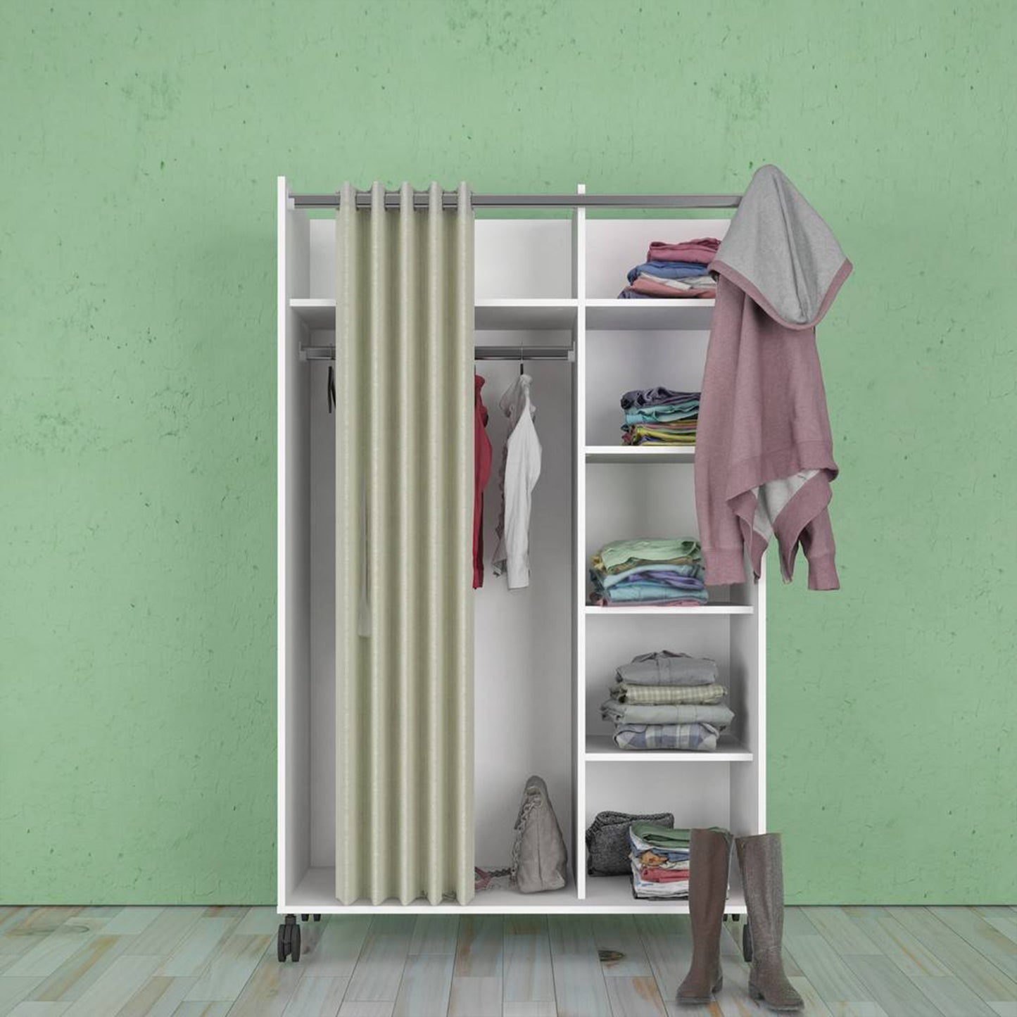 Uppsala Open Mobile Wardrobe Unit in White with a Beige Textile Curtain on Wheels