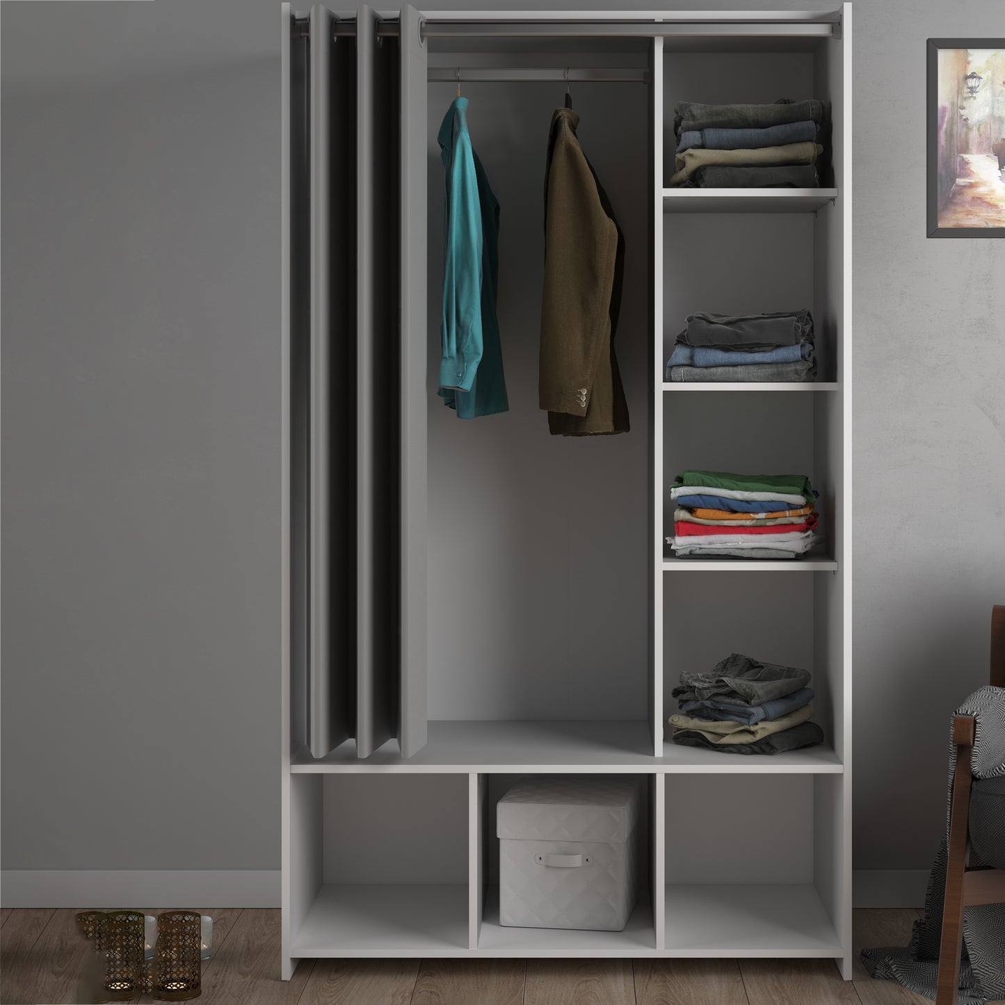 Uppsala Open Wardrobe Unit in White with a Grey Textile Curtain