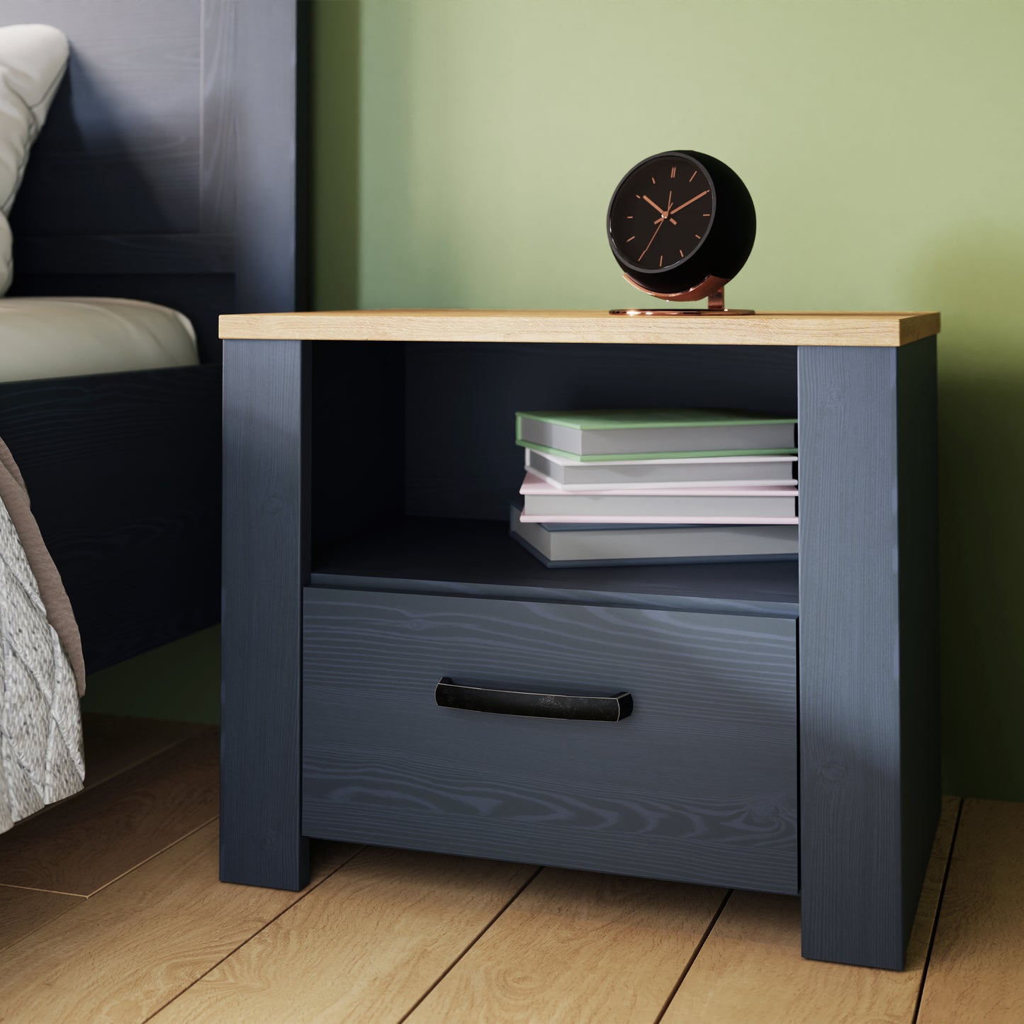 Bohol 1 Drawer Bedside in Navy/Oak