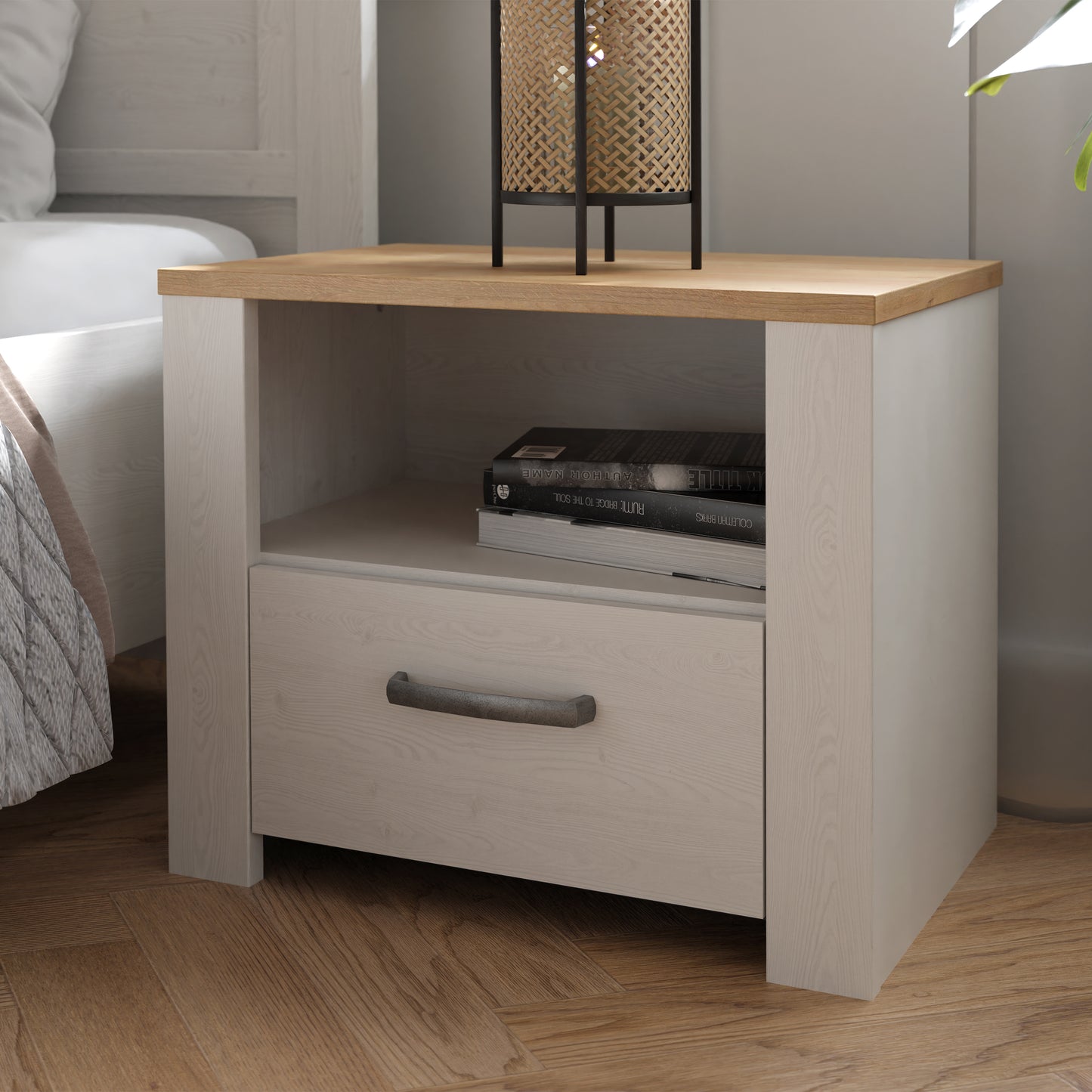 Bohol 1 Drawer Bedside in White/Riviera Oak