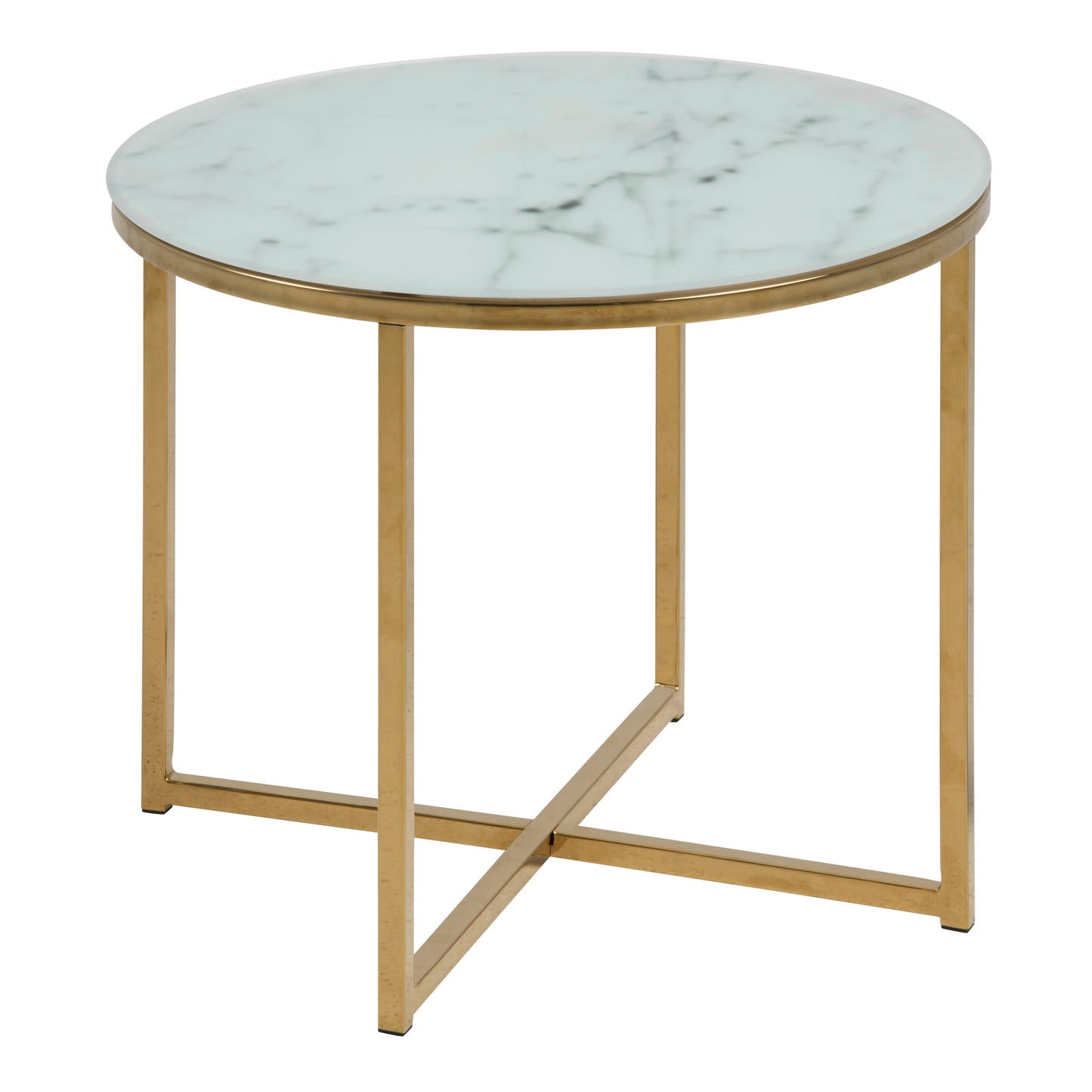 Alisma Round Side Table with White Crystal Clear Marble Glass Top & Gold Legs