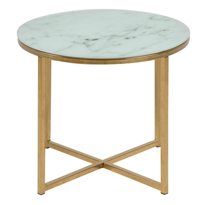 Alisma Round Side Table with White Crystal Clear Marble Glass Top & Gold Legs