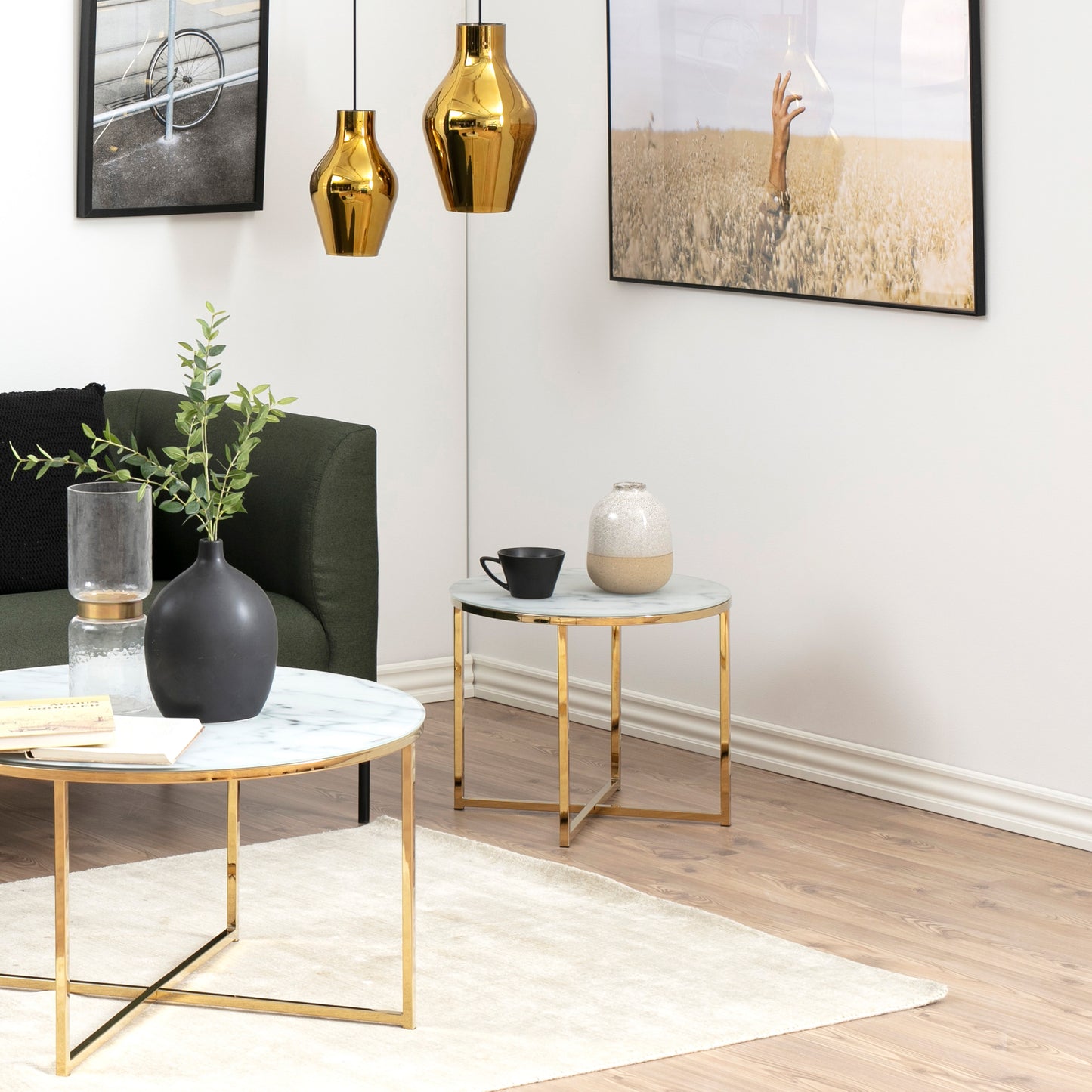 Alisma Round Side Table with White Crystal Clear Marble Glass Top & Gold Legs