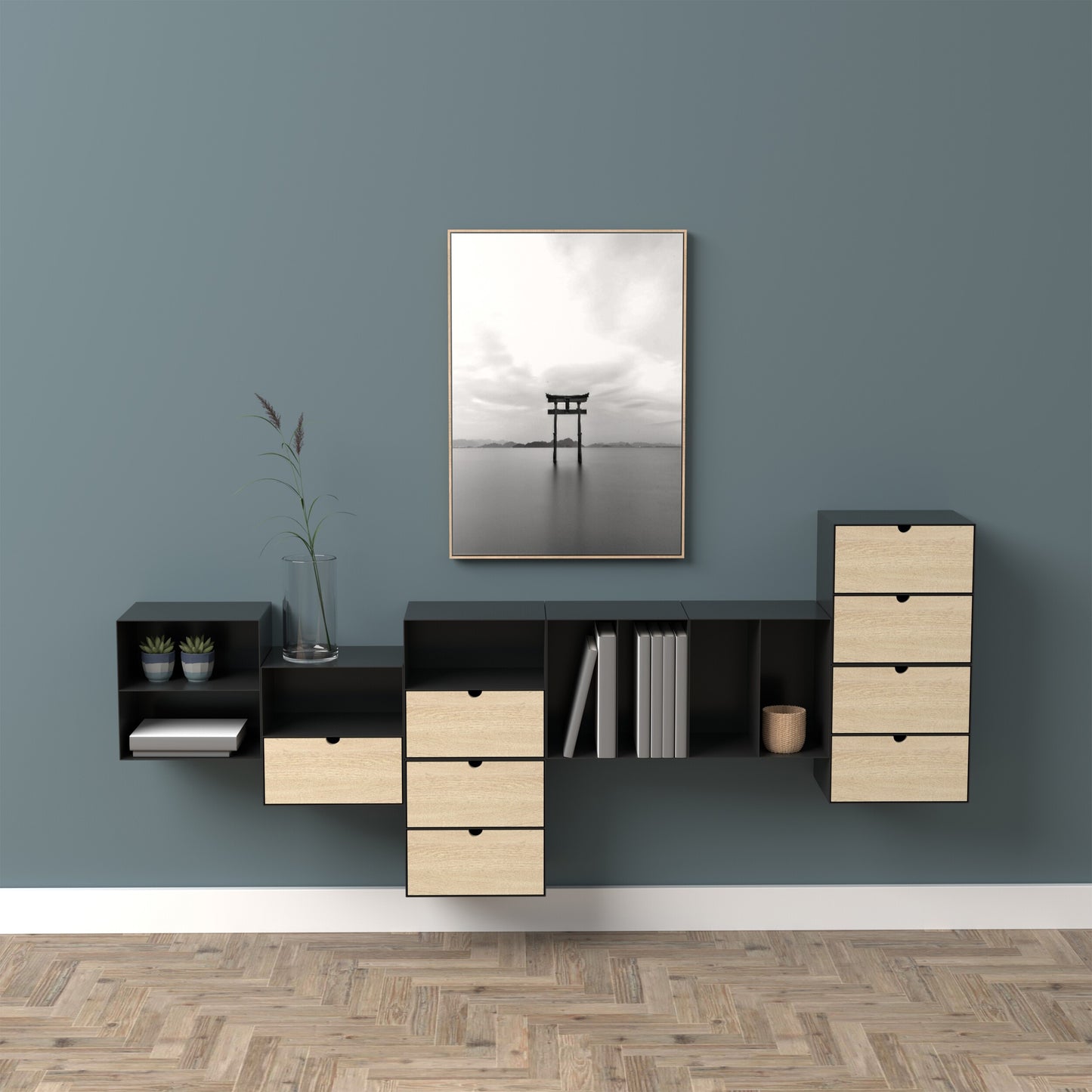 Joliet 1 Drawer Wallmounted Bedside Table in Black & Bamboo