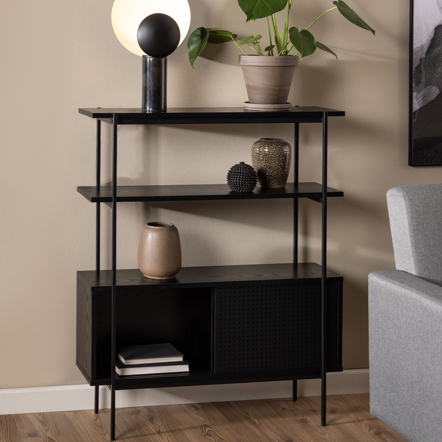 Angus Small Bookcase with 2 Sliding Doors in Black