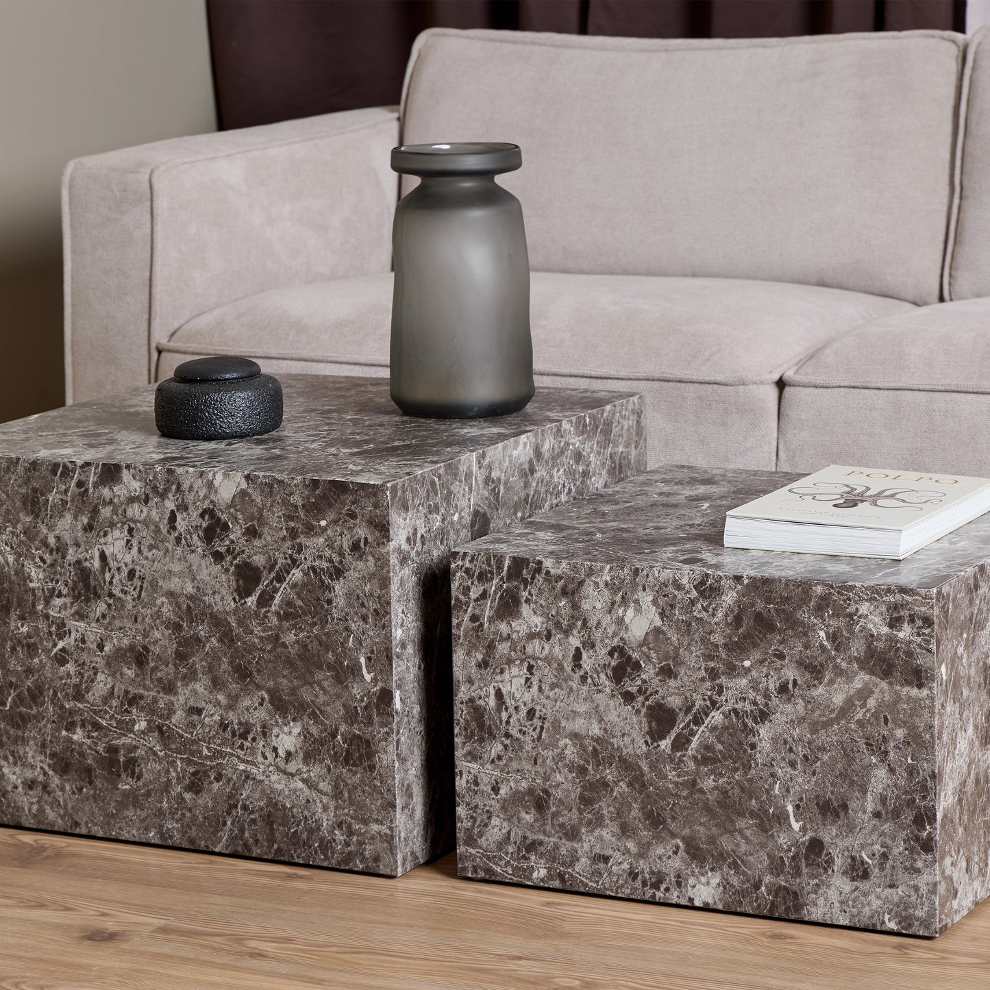 Dice Square Coffee Table Set in Light Brown Emperador Rough Paper